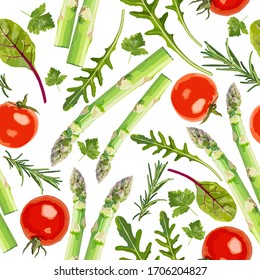 Vector seamless pattern with asparagus, tomatos and herbs