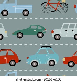 Vector seamless pattern with asphalt roads, retro cars and bicycles in flat doodle style
