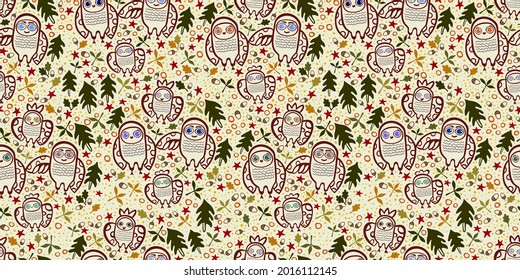 Vector seamless pattern, associated with forest life in autumn, including images of owls, dry leaves, stars, spots and acorns. Funny childish style. Pastel yellow background.