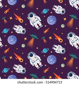 Vector seamless pattern with astronaut in the open space between different planets, comets, stars and space ships. Very good idea. Perfect for sites under constructions. Vector. Flat.