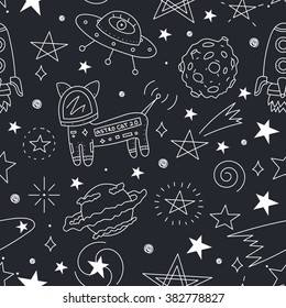 Vector seamless pattern of astronaut, planets, ufo, rocket, constellations, stars, cosmo cat and asteroids on dark background.