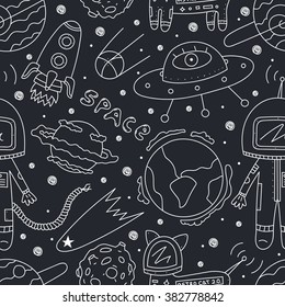 Vector seamless pattern of astronaut, planets, ufo, rocket, constellations, stars, cosmo cat and asteroids on dark background.