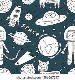 Vector seamless pattern of astronaut, planets, ufo, rocket, constellations, stars, cosmo cat and asteroids on blue background.