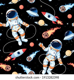 Vector seamless pattern with astronaut and rocket