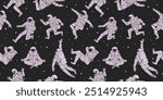 Vector seamless pattern with astronauts in flight, wearing a spacesuit on a black background with stars. Funny astronauts dancing, sitting in the lotus position