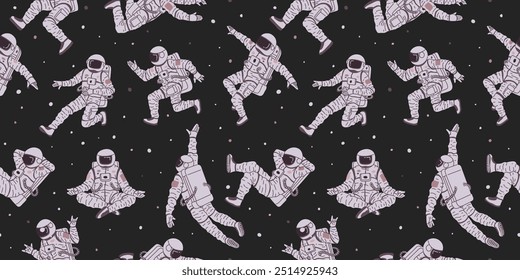 Vetor padrão sem emenda com astronautas em voo, vestindo um traje espacial em um fundo preto com estrelas. Astronautas engraçados dançando, sentados na posição de lótus