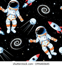 Vector seamless pattern with astronauts, rockets and galaxies