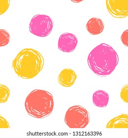vector seamless pattern of asymmetrical circles in pastel colors. Background polka dots imitation pencil and paint. Modern design for paper and fabric.