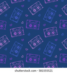 vector seamless pattern with audio cassettes and hearts
