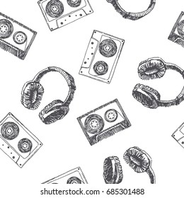 Vector seamless pattern with audio cassettes tape and headphones. Hand drawn illustration of music accessories isolated on white.  Sketch style vintage texture