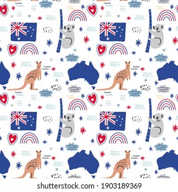 Patrón de vectores sin fisuras de los iconos de Australia. Canguro, koala, mapa y bandera. Fiesta nacional australiana y vacaciones. Viaje a Australia. Diseño para página web, tela, papel pintado, textil, volantes.