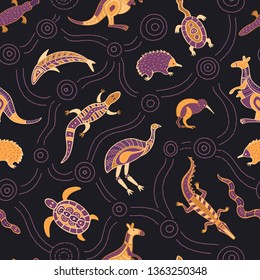 Vector seamless pattern Australian stylized animals on a dark background