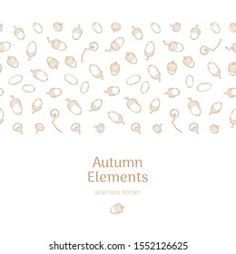 Vector seamless pattern with autumn acorns. Pattern in line art style on white background. Outline, linear vintage drawing botanical  illustration. Autumnal leaves, elements for wallpaper, backdrop.