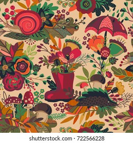 Vector seamless pattern with autumn bouquets, fall beautiful bright leaves, flowers, branches, berries, mushrooms. Colorful endless background
