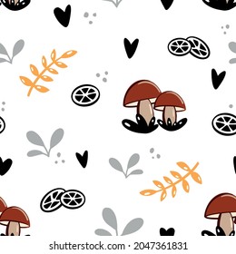 Vector seamless pattern with autumn cartoon leaves and mushrooms.