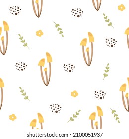 Vector seamless pattern with autumn cartoon mushrooms, leaves and dots