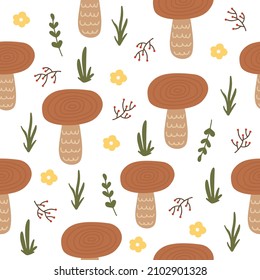 Vector seamless pattern with autumn cartoon mushrooms, leaves and dots