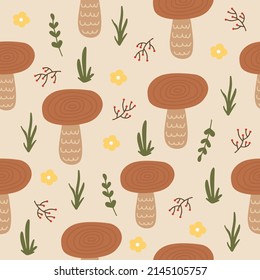 Vector seamless pattern with autumn cartoon mushrooms, leaves and dots