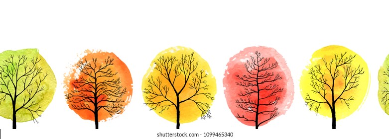 vector seamless pattern with autumn deciduous trees and watercolor foliage, hand drawn natural border
