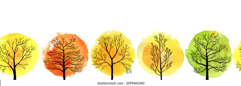 vector seamless pattern with autumn deciduous trees and watercolor foliage, hand drawn natural border