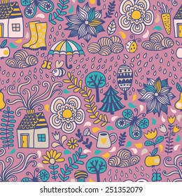 vector seamless pattern, autumn doodles card. Hand draw trees and leafs over the city. Season of the rain, illustration, cute background. Color doodle background