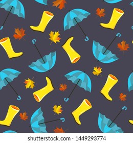 Vector seamless pattern with autumn elements, illustrations. Yellow rain, rubber boots,blue umbrellas and maple leaves, foliage. Autumn, fall print