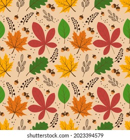 Vector seamless pattern with autumn elements: acorns, various leaves, autumn floral elements. A bright, repetitive texture for the autumn season.It is used for wrapping paper, packaging, books.