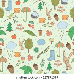 Vector seamless pattern with autumn elements: acorns, rain, umbrella, high boots, tree, leaves,coffee, berries, rabbit and mushrooms; can be used for decoration of web pages, cards, etc.