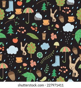 Vector seamless pattern with autumn elements: acorns, rain, umbrella, high boots, tree, leaves,coffee, berries, rabbit and mushrooms; can be used for decoration of web pages, cards, etc.