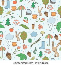 Vector seamless pattern with autumn elements: acorns, rain, umbrella, high boots, tree, leaves,coffee, berries, rabbit and mushrooms; can be used for decoration of web pages, cards, etc.
