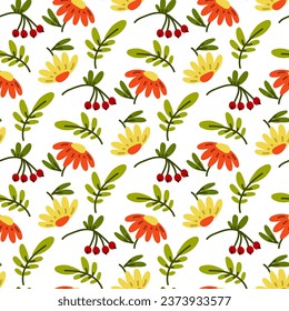 Vector seamless pattern with autumn elements berries, leaves, branches, flowers. Manual application of natural texture. Flat texture with cartoon elements in green, yellow, orange colors on a white