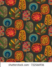 Vector seamless pattern with autumn elements, fall beautiful bright trees. Colorful endless background.