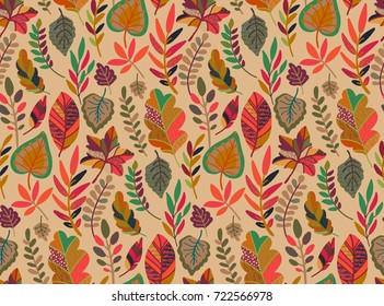 Vector seamless pattern with autumn elements, fall beautiful bright leaves, branches. Colorful endless background.