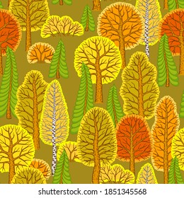 Vector seamless pattern. Autumn fairy forest with stylized trees, Christmas trees and bushes
