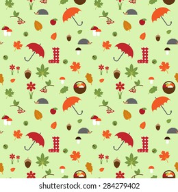 vector seamless pattern with autumn flat icons on the light green background