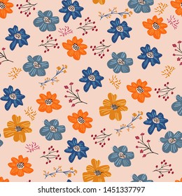 Vector seamless pattern of autumn flowers in garden. Funny abstract background for textile, shawl design, book and diary covers, wallpapers, print, gift packaging and scrapbook, graphic art, printing 