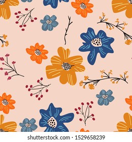 Vector seamless pattern of autumn flowers in garden. Funny abstract background for textile, shawl design, book and diary covers, wallpapers, print, gift packaging and scrapbook, graphic art, printing 