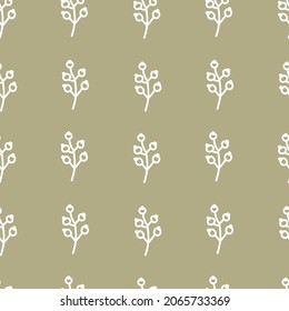 Vector seamless pattern with autumn flowers white line on sage green hand painted background.Fall,floral,botanical print in doodle style.Design for textiles,fabric,wrapping paper,packaging,wallpaper.