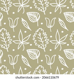 Vector seamless pattern with autumn flowers white line on sage green hand painted background.Fall,floral,botanical print in doodle style.Design for textiles,fabric,wrapping paper,packaging,wallpaper.