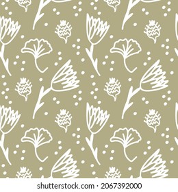 Vector seamless pattern with autumn flowers white line on sage green hand painted background.Fall,floral,botanical print in doodle style.Design for textiles,fabric,wrapping paper,packaging,wallpaper.