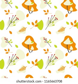 Vector seamless pattern of autumn forest mushrooms, leaves and berries. Abstract backdrop with fall season nature elements. Simple style illustration.