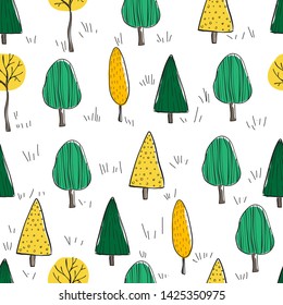 Vector seamless pattern of autumn forest in scandinavian style. Repeater background with cartoon doodle tree and fur-tree for posters, wrapping, textile, leaflet or web
