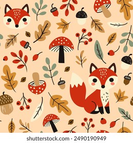 Vector seamless pattern with Autumn fox and fall leaves, simple print for kids. 