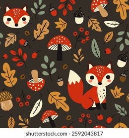 Vector seamless pattern with Autumn fox and fall leaves, simple print for kids. 