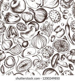 Vector seamless pattern of autumn fruits and vegetables pattern. Hand drawn vector illustration