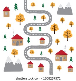 Vector seamless pattern of autumn hand drawn doodle sketch country houses and trees landscape isolated on white background