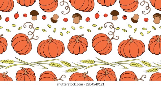 Vector seamless pattern of autumn harvest symbols: pumpkins, wheat ears, berries, mushrooms in flat doodle style. Colorful background, texture. Theme: forest, happy autumn, Thanksgiving