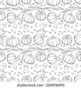 Patrón de vectores sin fisuras de los símbolos de cosecha de otoño: calabazas, orejas de trigo, bayas, setas en forma de doodle. Fondo de esquema, textura. Tema: bosque, otoño feliz, Acción de Gracias