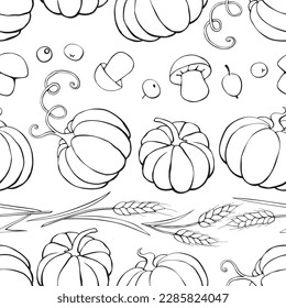 Patrón de vectores sin fisuras de los símbolos de cosecha de otoño: calabazas, orejas de trigo, bayas, setas en forma de doodle. Fondo de esquema, textura. Tema: bosque, otoño feliz, Acción de Gracias