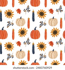 Vector seamless pattern with autumn harvest pumpkins on white background.